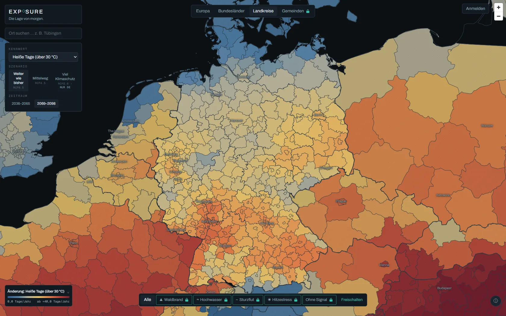 EXP°SURE-Karte mit Kennwertauswahl und Zeitregler