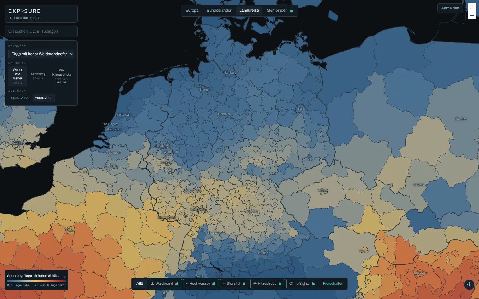 Karte der Tage mit hoher Waldbrandgefahr bis 2098 für Deutschland und die Nachbarländer